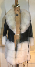 Load image into Gallery viewer, 60s Mod Black Leather Coat and White Sheep Shearling Princess XS/S Penny Lane Almost Famous Boho Mod