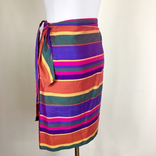 Load image into Gallery viewer, 90s Sarong Wrap Skirt Striped Raw Silk Rainbow Ralph Lauren Size US 8 M/L Ethnic Thai Asian Mod