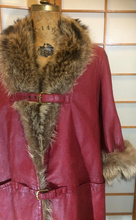 Load image into Gallery viewer, 60s 70s Red Leather Fur Trim Bonnie Cashin Saks Fifth Ave Hardware Buckle Large Extra Large Trench Coat Swing Plus Size Oversized