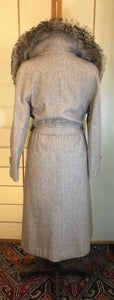 Vintage 70s Women's Coat Herringbone Wool Pattern MASSIVE Shearling Collar Fit Flare