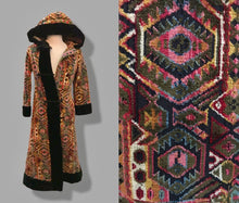 Load image into Gallery viewer, 60’s 70’s Vintage Carpet Coat Needlepoint Hooded Sherpa Trim Fit and Flare