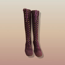 Load image into Gallery viewer, 70’s Purple Suede Gogo Hippy Boho Embroided Boots Rare size7.5/8 Lace Up Floral