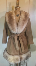 Load image into Gallery viewer, 70s Suede Sheepskin Shearling Tan Penny Lane Coat Princess Fit and Flare Almost Famous Small Medium Boho Hippy Bohemian