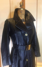 Load image into Gallery viewer, 60s Black Leather Mod Coat- Chic Minimalist Belt Belted Gold Buttons Fit Flare Jackie Kennedy Chic Soft Leather XS S Petite