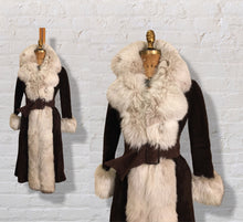 Load image into Gallery viewer, 70’s Vintage Mahogany Suede Fox Fur Tuxedo Coat