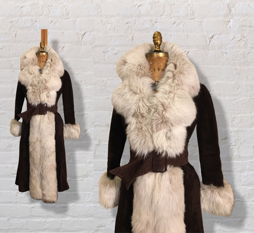 70’s Vintage Mahogany Suede Fox Fur Tuxedo Coat