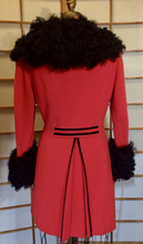 Load image into Gallery viewer, 60s Lilli Ann Coat-- Bright Orange/Red Mod Knit Double Breasted Huge Mongolian Curly Lamb Shearling Collar and Cuffs S/M/L