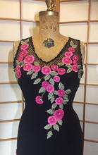 Load image into Gallery viewer, 50s Asymmetrical Wiggle Dress Floral Dress Embroidered Pink Flowers Spring Dress S/M Fish Net 20s Flapper Pinup