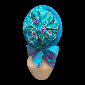 Himalayan Mink and Silk Hat in Turquoise Peacock “Blue Nile” with Embroidered Silk Gift for Her