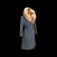 Load image into Gallery viewer, 60’s 70’s Blue Carpet Coat Needlepoint Tapestry with Norwegian Fox Fur Belted
