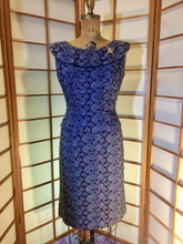 Load image into Gallery viewer, 50s 60s Blue Cotton Authentic Wiggle Dress One Piece Vintage Lace Design With Brooch