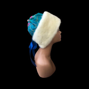 Himalayan Hat with Blonde Mink and Raw Silk Embroidered Peacock Crystal