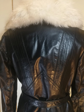 Load image into Gallery viewer, 70s Black Leather and Silver Fox Fur Collar Trench Spy Coat S/M Fit and Flare Princess