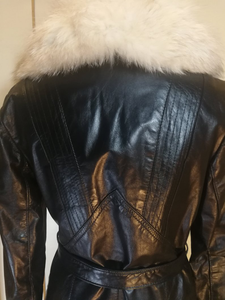 70s Black Leather and Silver Fox Fur Collar Trench Spy Coat S/M Fit and Flare Princess