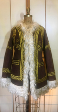 Load image into Gallery viewer, Afghan Suede Embroidered Shearling Sheepskin Lining Long Goat Made in Turkey Genuine Ethnic Hippy Beatles Penny Lane Almost Famous Coat S/M