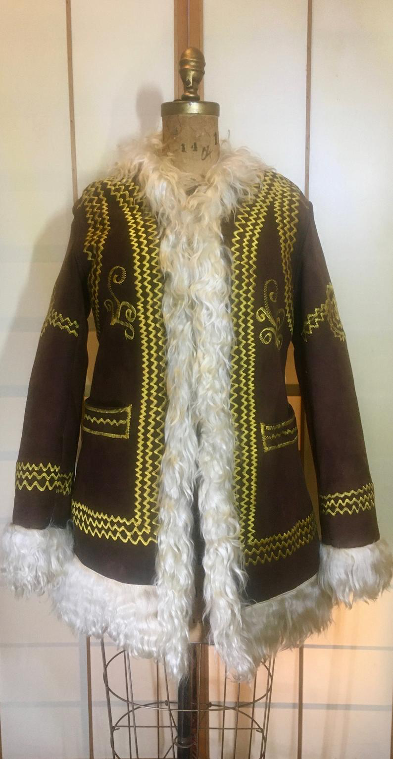 Afghan Suede Embroidered Shearling Sheepskin Lining Long Goat Made in Turkey Genuine Ethnic Hippy Beatles Penny Lane Almost Famous Coat S/M