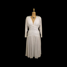 Load image into Gallery viewer, 80’s does 20’s Art Deco Chiffon Beaded Dress in Pearl Gray Fitted Waist full skirt