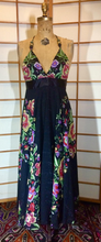 Load image into Gallery viewer, 70s Maxi Dress Floral Spring Full Length Dress Full Skirt Black Low Cut