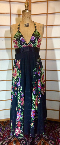 70s Maxi Dress Floral Spring Full Length Dress Full Skirt Black Low Cut