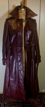 Load image into Gallery viewer, Vintage 70s Leather Coat Spy Trench Belted Fit and Flare Burgundy Oxblood Maroon Reddish Brown S/M