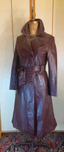 Load image into Gallery viewer, 70s Leather Trench Burgundy Brown Spy Double Breasted Zip In Warmth Liner Fit and Flare