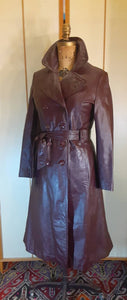 70s Leather Trench Burgundy Brown Spy Double Breasted Zip In Warmth Liner Fit and Flare