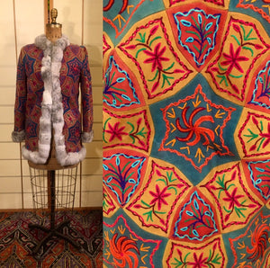 Vintage Women's 70s Coat Embroidered Suede Colorful Bright Mandala Festive Afghan Turkish Genuine Fur Trim