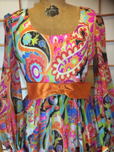 Load image into Gallery viewer, Vintage 70s Dress Maxi High Waisted Rainbow Paisley I Magnin Dress M Psychdelic Poet Sleeves