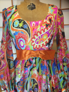 Vintage 70s Dress Maxi High Waisted Rainbow Paisley I Magnin Dress M Psychdelic Poet Sleeves