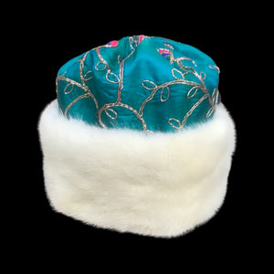 Himalayan Hat with Blonde Mink and Raw Silk Embroidered Peacock Crystal