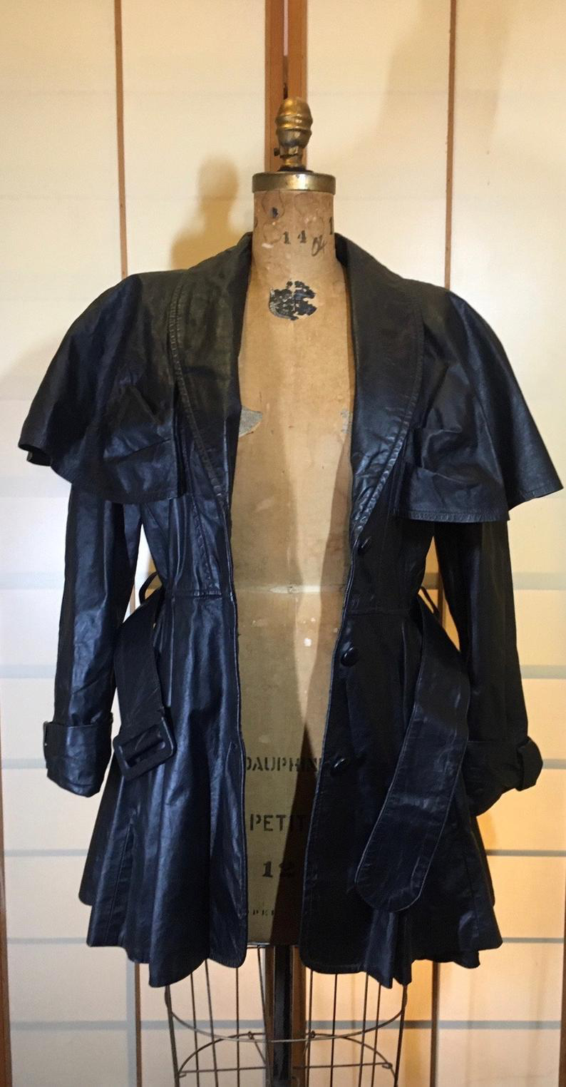 Vintage Coat-70s 80s Black Leather Dress Studio 54 Goth