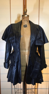 Vintage Coat-70s 80s Black Leather Dress Studio 54 Goth SteamPUNK Belted Pinup Coat Jacket Fit Flare Skirt Fit Flare Princess S M Trench Spy