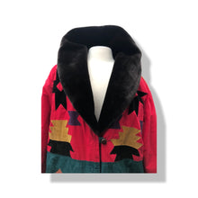 Load image into Gallery viewer, Red Black Gold Aztec Design Fuzzy Faux Fur Collar Patchwork Suede and Nylon Jacket