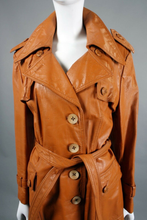 Load image into Gallery viewer, 70&#39;s Butterscotch Leather Spy Trench Coat Montgomery Ward Highly Detailed Large Rare Size Hippy Chic