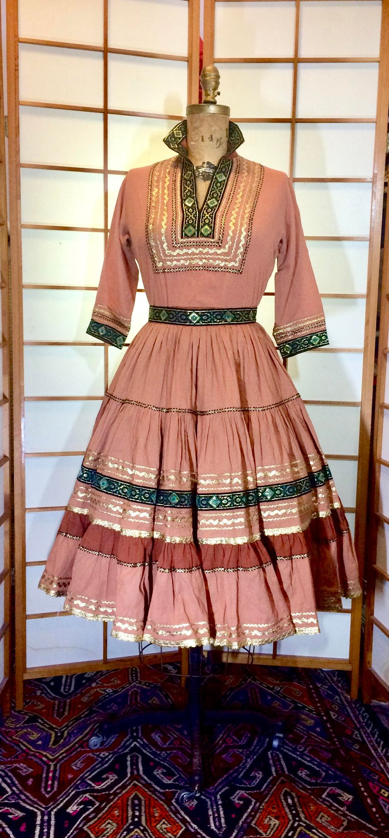 50s Circle Skirt Deadstock Pinup Embroidered Pink Cotton Ethnic