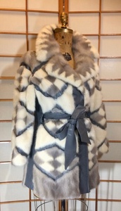 60S Mod Mink Geometric Coat/ Patchwork Mosaic Mink Leather Fur Tourmaline Jacket Grey and White Fur S,M