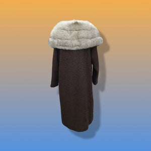 Vintage 60’s Swing Coat Massive Fox Fur Collar Brown Boucle