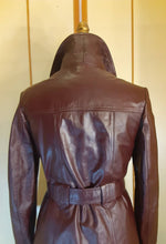 Load image into Gallery viewer, 70s Leather Trench Burgundy Brown Spy Double Breasted Zip In Warmth Liner Fit and Flare