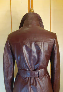 70s Leather Trench Burgundy Brown Spy Double Breasted Zip In Warmth Liner Fit and Flare