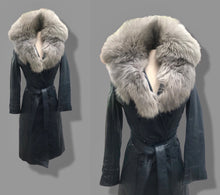 Load image into Gallery viewer, 70’s Spy Trench Leather Coat with Removable Shearling Collar Dark Blue