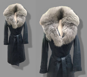 70’s Spy Trench Leather Coat with Removable Shearling Collar Dark Blue
