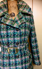 Load image into Gallery viewer, Mod Green Tweed Plaid Peacoat Coat--60s Knitted Wool Double Breasted Belted Removeable Fox Fur Coat S/M