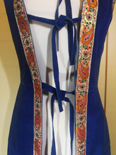 Load image into Gallery viewer, Hooded Blue Suede 70S Vest Long Satin Embroidered Orange Thick Leather Small Extra Long Hippy Chic Hippy Sleeveless Coat Russian Princess
