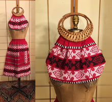 Load image into Gallery viewer, Vintage 70s Matching Skirt and Purse Set Ethnic South American Red White Cotton with Wicker Handle Bag up to 36" Waist Skirt Boho Brocade