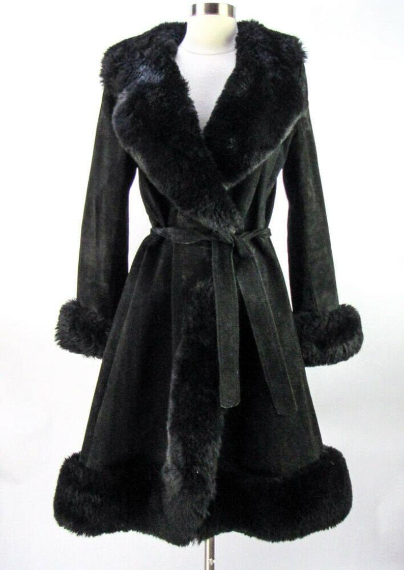 Black Suede 70s Shearling Leather Penny Lane Coat Almost Famous S/M Mid Length Boho Goth Hippy Princess