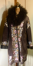 Load image into Gallery viewer, Penny Lane Boho Embroidered Suede Curly Mongolian Lamb Coat Plus Size or Extra Roomy L/XL Almost Famous Pink Floral Flowers Hippy Princess