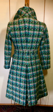 Load image into Gallery viewer, Mod Green Tweed Plaid Peacoat Coat--60s Knitted Wool Double Breasted Belted Removeable Fox Fur Coat S/M
