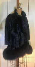 Load image into Gallery viewer, Vintage 60s Coat-- Velvet Genuine Fox Fur Black Swing or Princess Style Faux Persian Lamb Crystal Belt Pinup Mod S/M/L