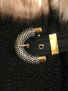 60’s Vintage Black Karakul Persian Lamb and Silver Fox Fur Princess Coat Fit Flare Swarovski Crystal Belt