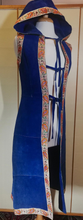 Load image into Gallery viewer, Hooded Blue Suede 70S Vest Long Satin Embroidered Orange Thick Leather Small Extra Long Hippy Chic Hippy Sleeveless Coat Russian Princess